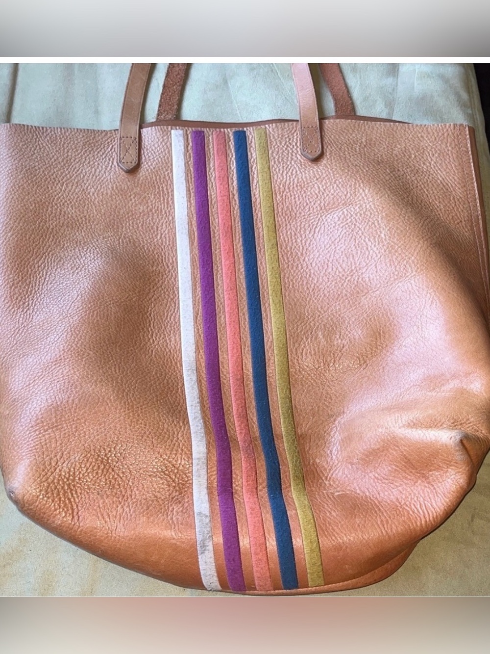 Madewell Large Leather Tote Bag with Multicolor Stripes